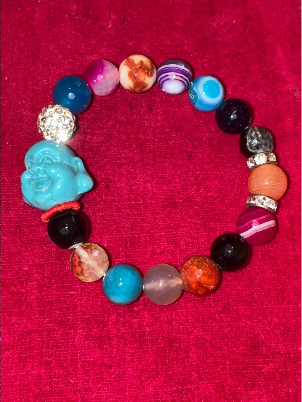 Multi Color Agate Quartz Beaded Stretch Bracelet -Laughing Buddha Charm